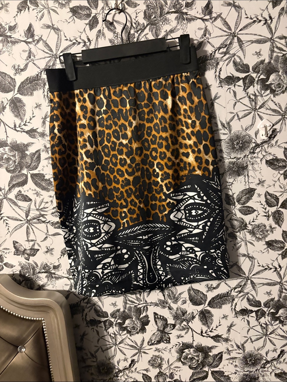 Express Leopard Print Mini Skirt with Black Graphic Hem